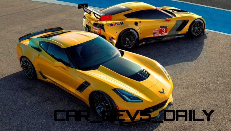 (L to R) The all-new 2015 Corvette Z06 and 2014 Corvette C7.R race car