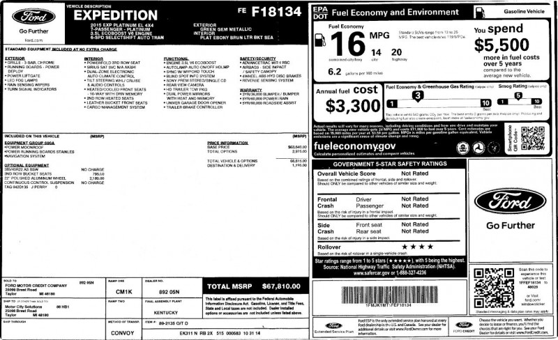 2015 Ford Expedition Platinum EL window sitcker