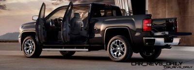 2014 GMC Sierra SLT Crew Cab in Iridium Metallic left rear three quarter shot doors open- on location