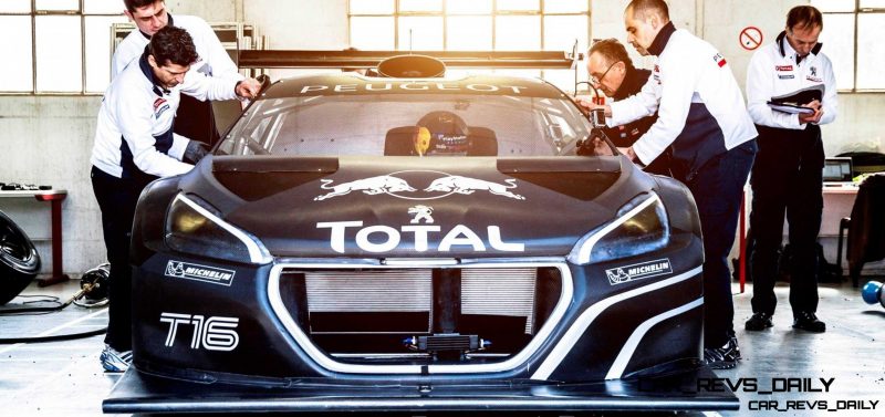 Peugeot engineers and mechanics adjust the 208T16 for the first test track at the Peugeot test center in La Ferté-Vidame, France,  on April 18th, 2013