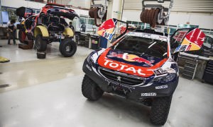 The Peugeot 2008 DKR in the Peugeot Sport Workshop,before the de