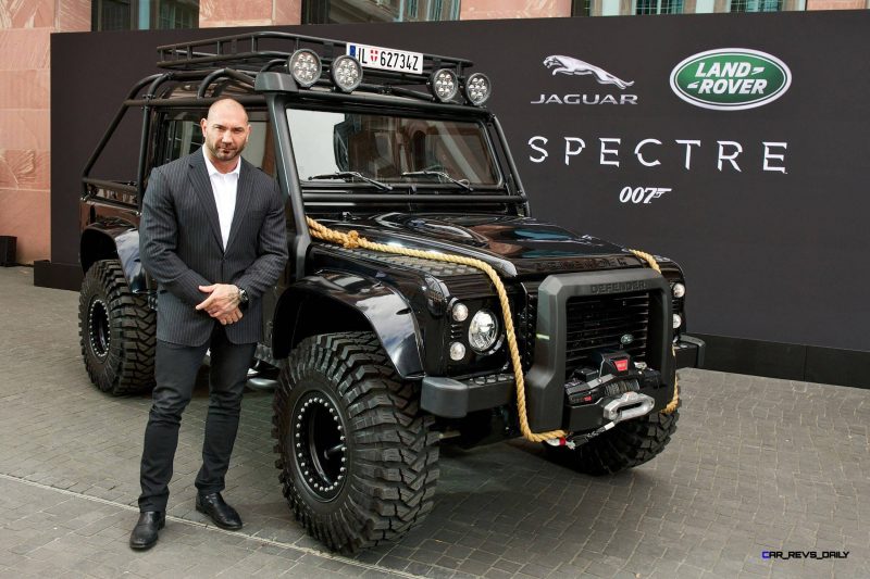 Spectre cast members Naomie Harris and David Bautista are reunited with Jaguar Land Rover stunt vehicles from the film ahead of their international debut in Frankfurt, Germany