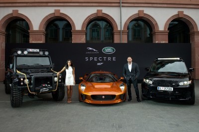 Spectre cast members Naomie Harris and David Bautista are reunited with Jaguar Land Rover stunt vehicles from the film ahead of their international debut in Frankfurt, Germany