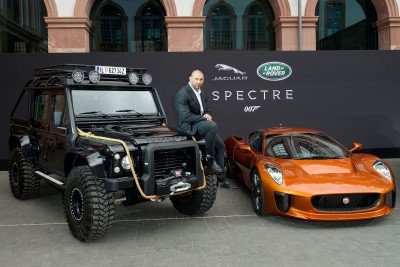 Spectre cast members Naomie Harris and David Bautista are reunited with Jaguar Land Rover stunt vehicles from the film ahead of their international debut in Frankfurt, Germany