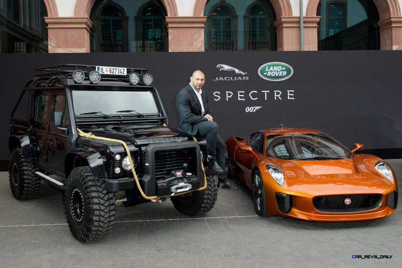 Spectre cast members Naomie Harris and David Bautista are reunited with Jaguar Land Rover stunt vehicles from the film ahead of their international debut in Frankfurt, Germany