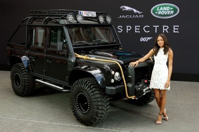 Spectre cast members Naomie Harris and David Bautista are reunited with Jaguar Land Rover stunt vehicles from the film ahead of their international debut in Frankfurt, Germany