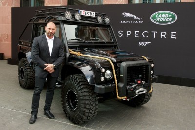 Spectre cast members Naomie Harris and David Bautista are reunited with Jaguar Land Rover stunt vehicles from the film ahead of their international debut in Frankfurt, Germany